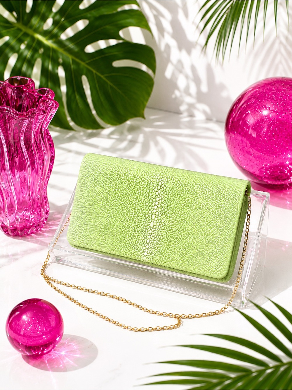 Genuine Stingray Foldover Clutch – Lime Green Exotic Evening Bag w Gold Chain